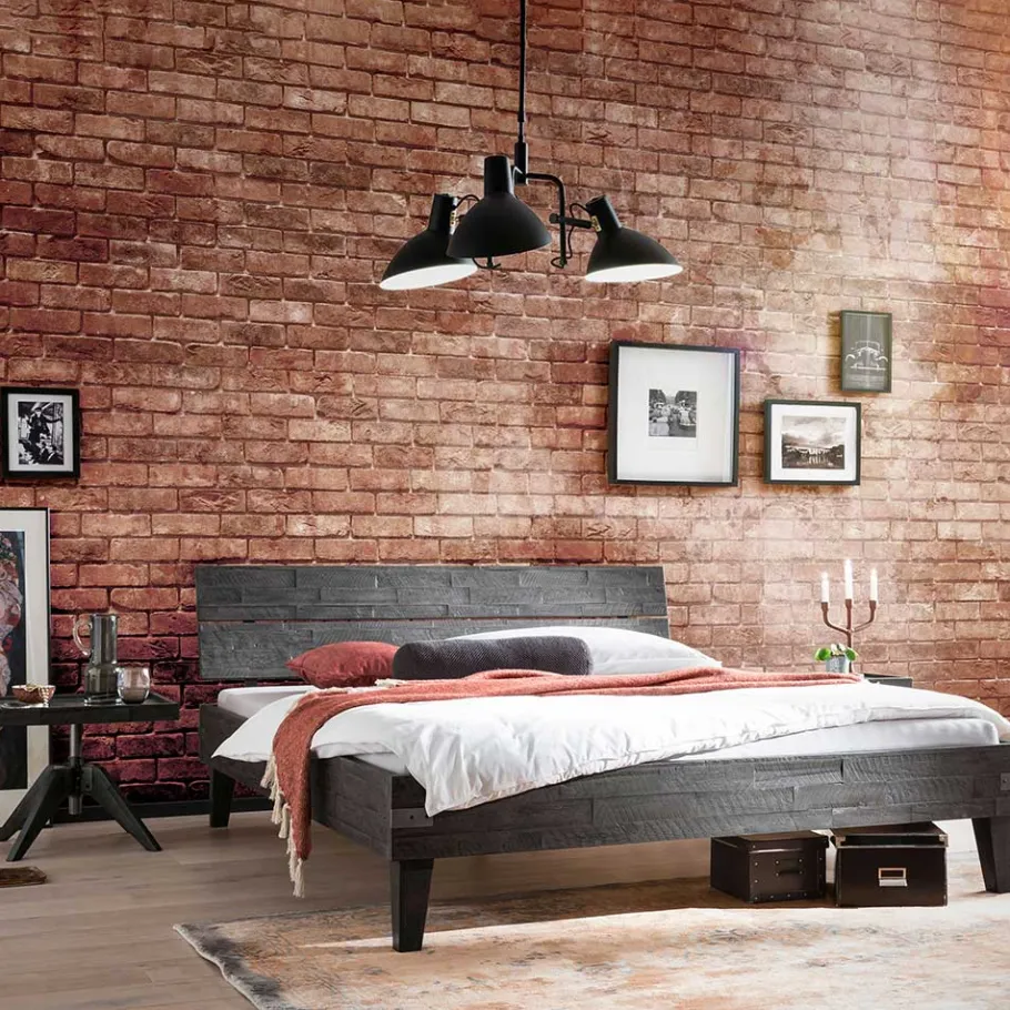 Discount Wohnen Holzbett aus Akazie in Grau Antik Finish - Jasefiana
