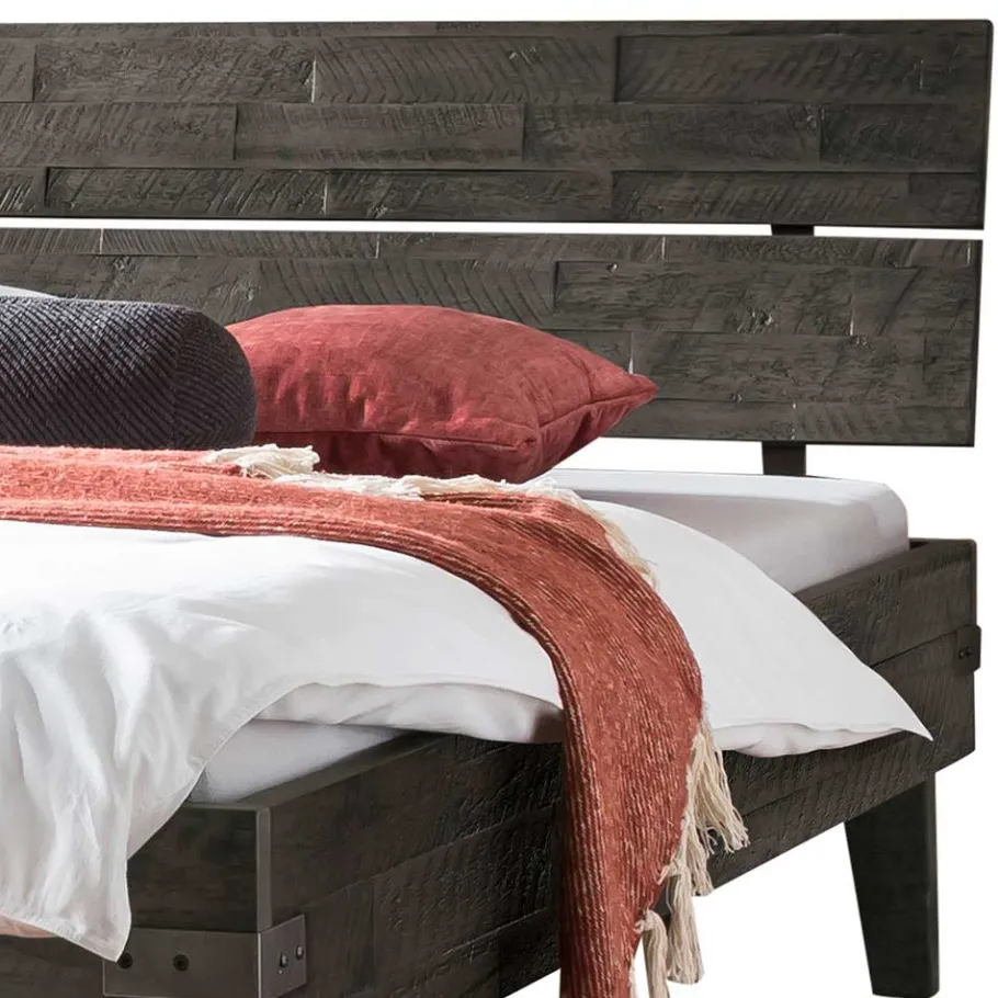 Discount Wohnen Holzbett aus Akazie in Grau Antik Finish - Jasefiana