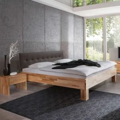 Outlet Wohnen Holzbett massiv Wins mit Polster-Kopfteil Kunstleder Dunkelbraun
