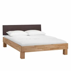 Outlet Wohnen Holzbett massiv Wins mit Polster-Kopfteil Kunstleder Dunkelbraun