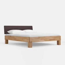 Outlet Wohnen Holzbett massiv Wins mit Polster-Kopfteil Kunstleder Dunkelbraun