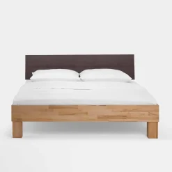 Outlet Wohnen Holzbett massiv Wins mit Polster-Kopfteil Kunstleder Dunkelbraun