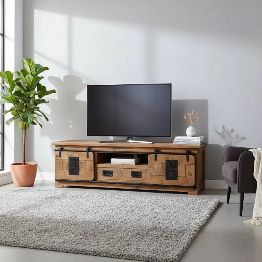 New Wohnen Industrial Design TV Lowboard aus Mangoholz - Semian