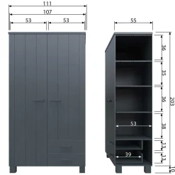 Best Wohnen Kiefernholz Kleiderschrank in Grau dunkel - Isnos I