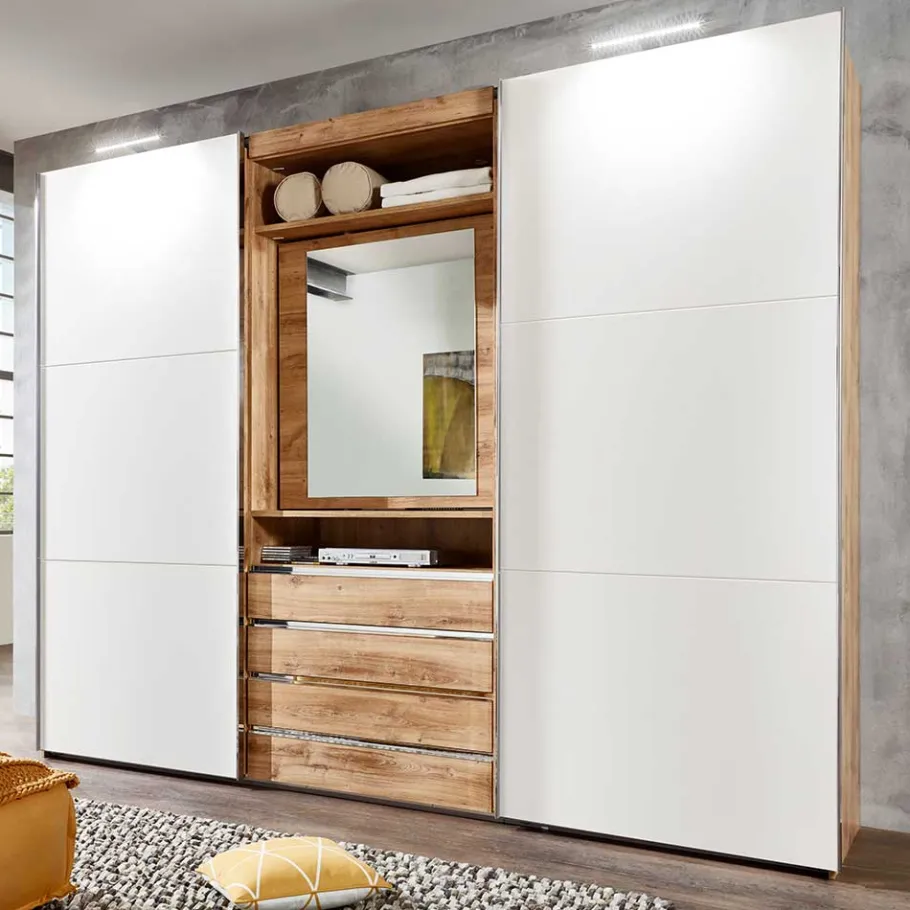 Clearance Wohnen Kleiderschrank in Weiß & Plankeneiche Optik - Stufania