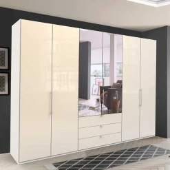 Hot Wohnen Kleiderschrank mit Schubladen & Falttüren in Creme Glas - Zidarie