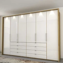 Outlet Wohnen Kombi Kleiderschrank in Weiß Glas & Eiche Bianco - Nuetran