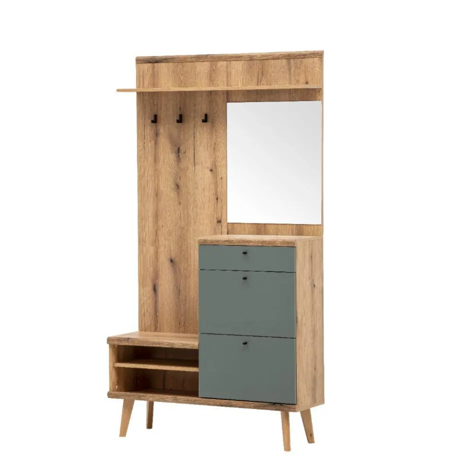 Online Wohnen Kompakt-Garderobe in Eiche Optik und Graugrün - Oliva