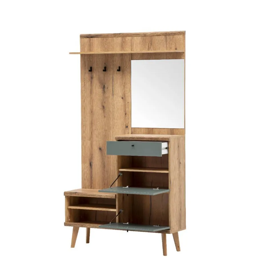 Online Wohnen Kompakt-Garderobe in Eiche Optik und Graugrün - Oliva