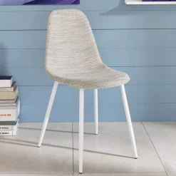 Outlet Wohnen Kunstrattan Esszimmerstuhl in Weiß Beige Neptun mit Metall Gestell (4er Set)