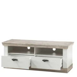 Outlet Wohnen Landhaus TV Element in Weiß & Pinie Shabby Nedita mit 2 Schubladen