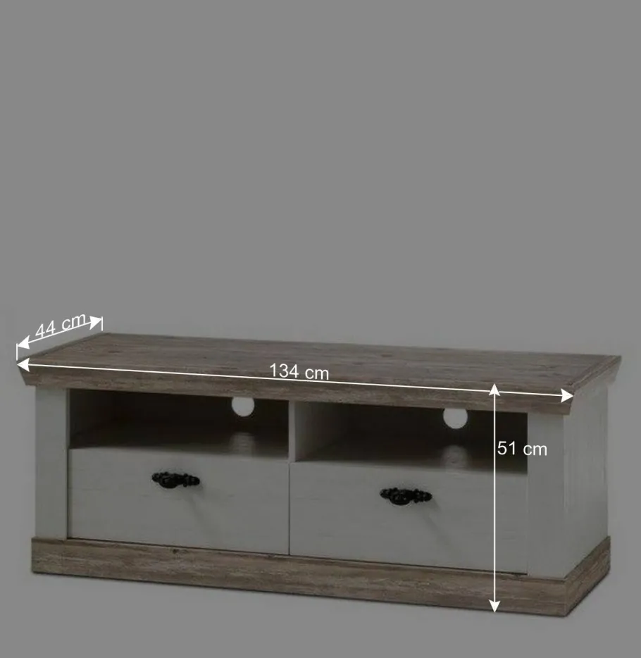 Outlet Wohnen Landhaus TV Element in Weiß & Pinie Shabby Nedita mit 2 Schubladen