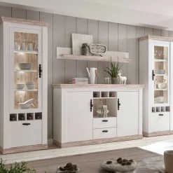 Hot Wohnen Landhaus Wohnmöbel Set mit Sideboard Nedita in Weiß mit Pinie Shabby (vierteilig)