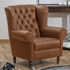 Hot Wohnen Leder Chesterfieldsessel in Cognac Braun - Martinos