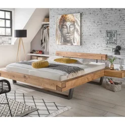 Outlet Wohnen Loft Balkenbett mit 2 Hänge-Nachttischen Basiclicata aus Wildeiche (dreiteilig)