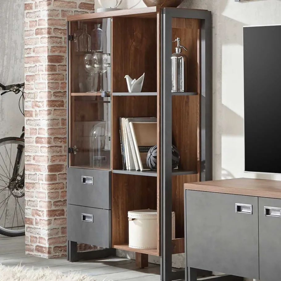 Clearance Wohnen Loft Design Highboard im Eiche dunkel Dekor und Schwarz - Rompira
