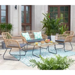 Sale Wohnen Lounge Sitzgruppe aus Geflecht in Beige - Renzo (vierteilig)