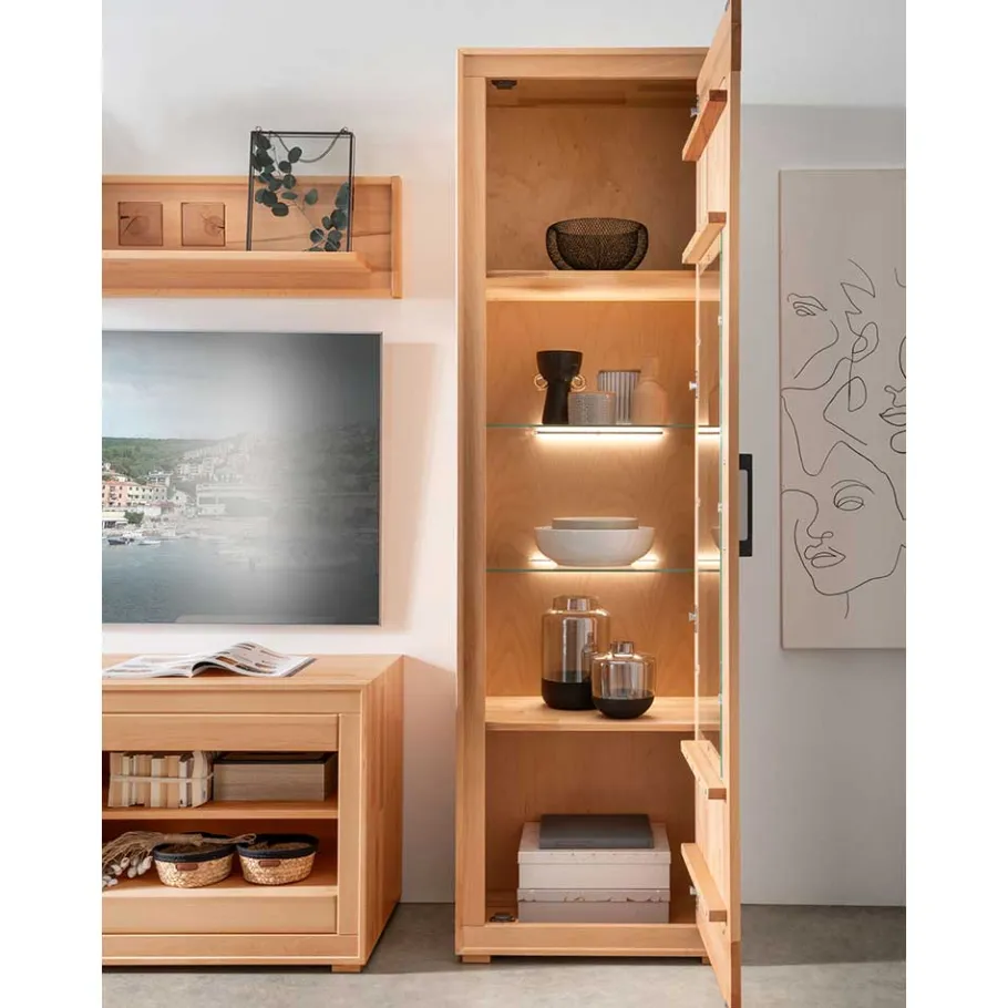 Discount Wohnen Moderne 1-türige Vitrine aus Kernbuche geölt - Sarosca