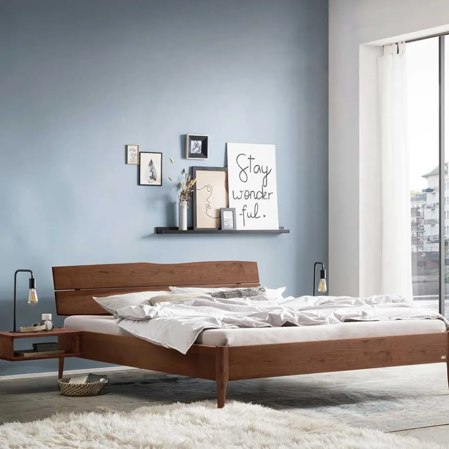 Clearance Wohnen Nussbaum Holzbett mit Baumkante Kopfteil - Elegatos