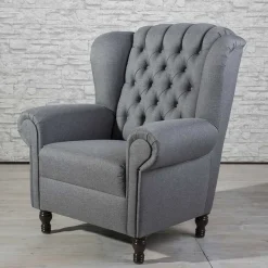 Hot Wohnen Ohrensessel in Jeansblau und Nussbaum Braun - Sasmia