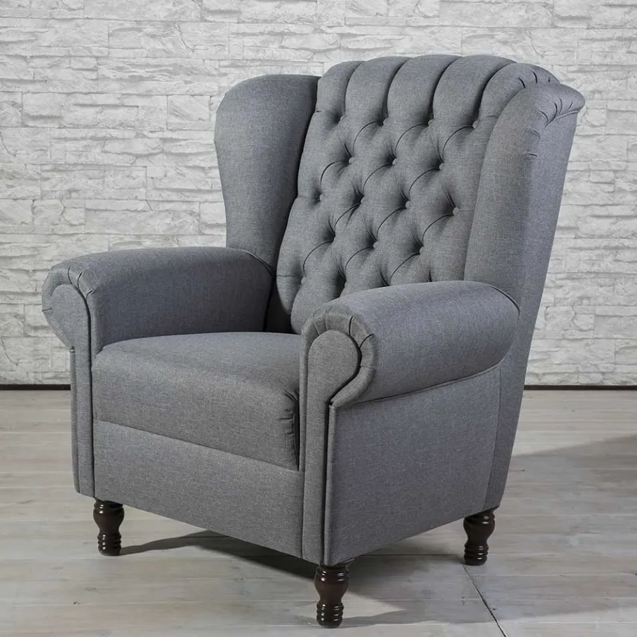 Hot Wohnen Ohrensessel in Jeansblau und Nussbaum Braun - Sasmia