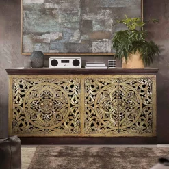 Outlet Wohnen Oriental Design Sideboard in Gold und Walnussbraun - Roswito