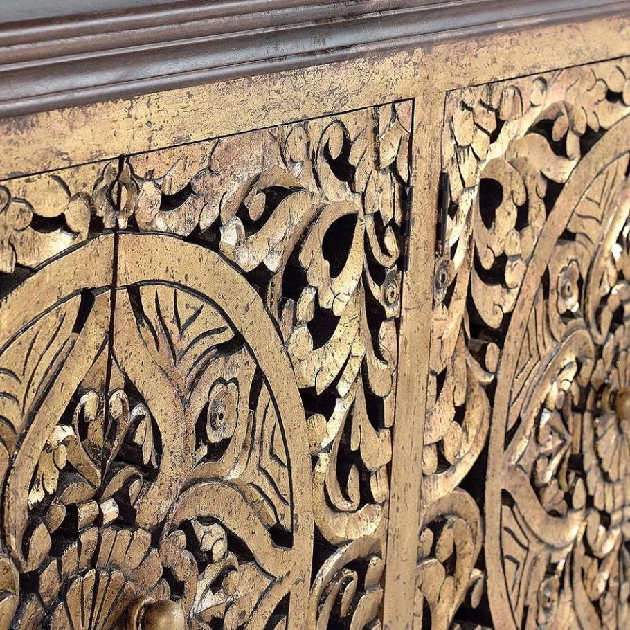 Outlet Wohnen Oriental Design Sideboard in Gold und Walnussbraun - Roswito