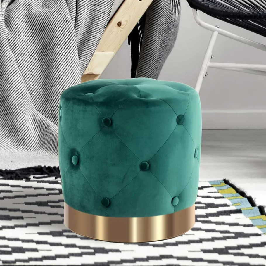 Best Wohnen Runder Hocker in Grün Samt & Gold Metall - Emiato