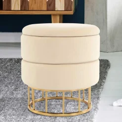 New Wohnen Runder Stauraum Hocker in Creme & Gold - Loeesa