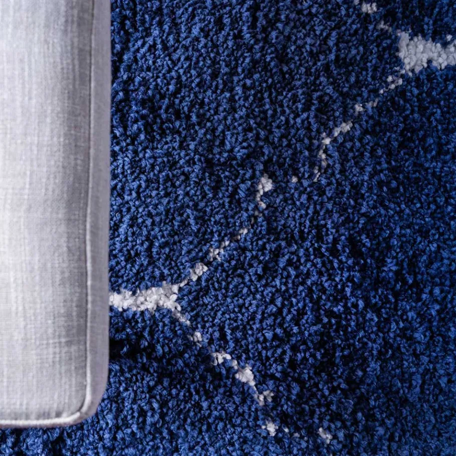 New Wohnen Runder Teppich in Dunkelblau & Creme Hochflor - Vimanco