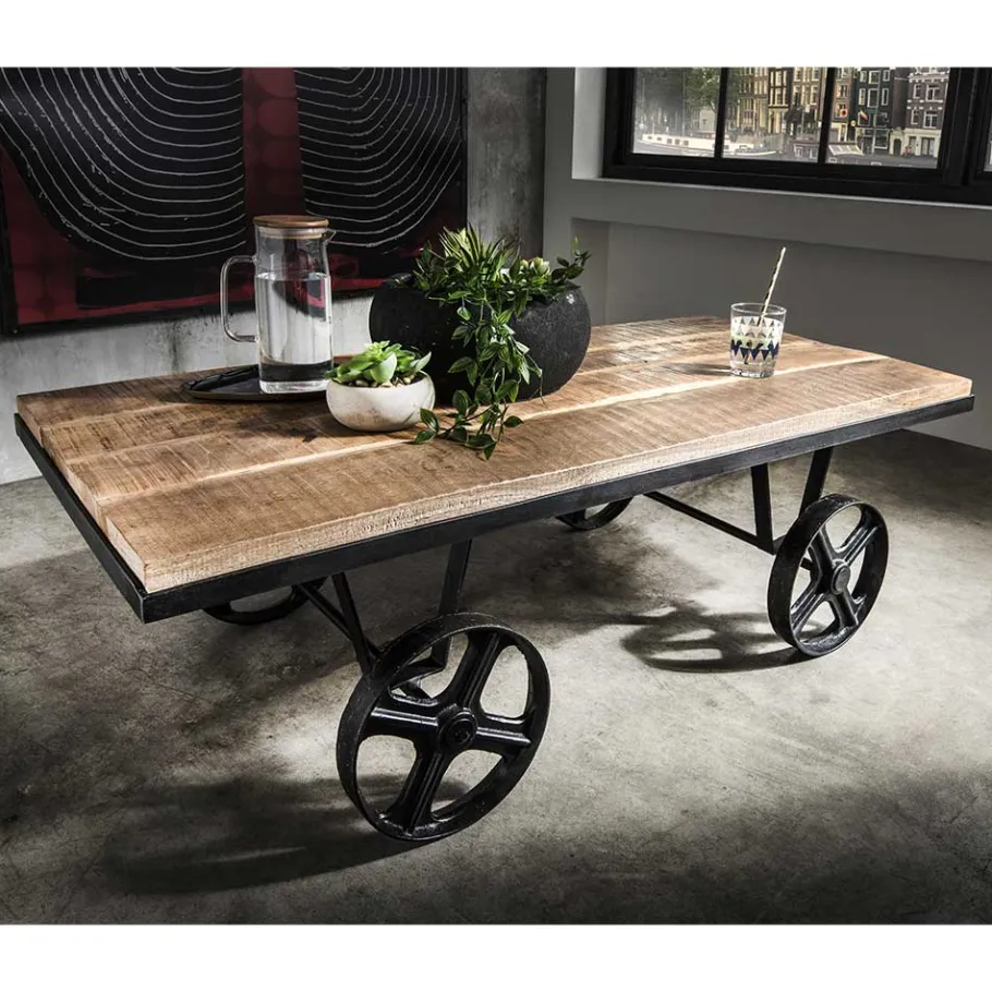 Hot Wohnen Rustikaler Design Couchtisch mit Eisenrädern - Pistroga