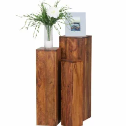 Outlet Wohnen Rustikales Holz Pflanzensäulen Set Hoslo aus Sheesham massiv (dreiteilig)