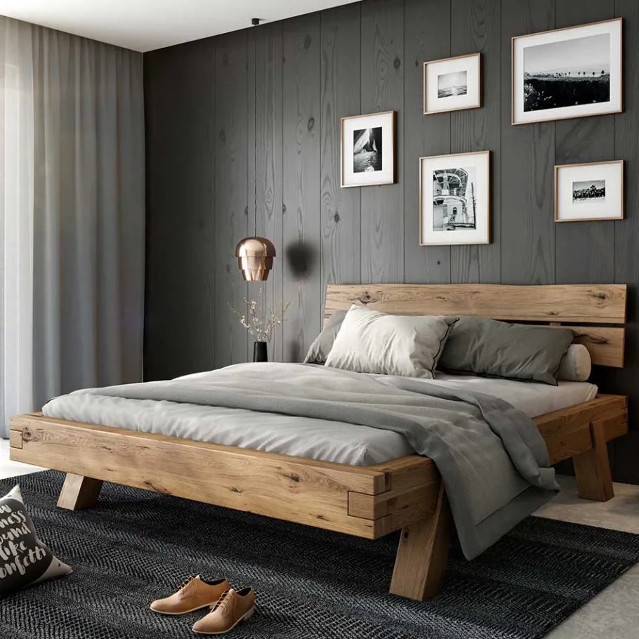 Wohnen Rustikal-modernes Bett aus Asteiche Massivholz - Raistan