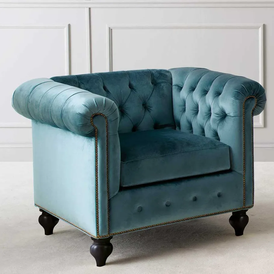 Discount Wohnen Samt Chesterfield Sessel in Petrol - Maduera