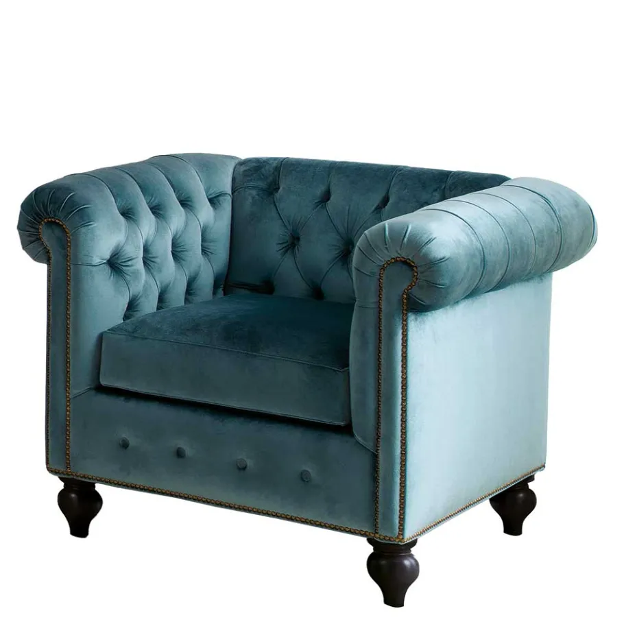 Discount Wohnen Samt Chesterfield Sessel in Petrol - Maduera