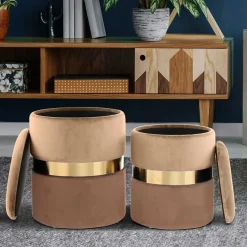 Wohnen Samt Hocker Set in Hellbraun & Braun - Valerana (zweiteilig)