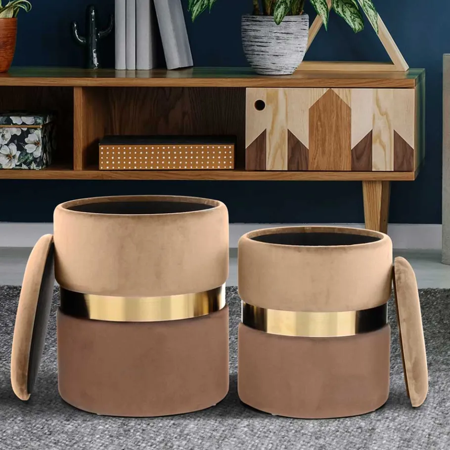 Wohnen Samt Hocker Set in Hellbraun & Braun - Valerana (zweiteilig)