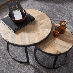 New Wohnen 2-Satz Couchtisch mit Holzplatte Rund - Bernesa (zweiteilig)