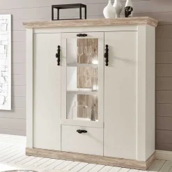 Hot Wohnen Scandi Landhaus Highboard in Weiß Pinie Shabby Nedita 140 cm breit