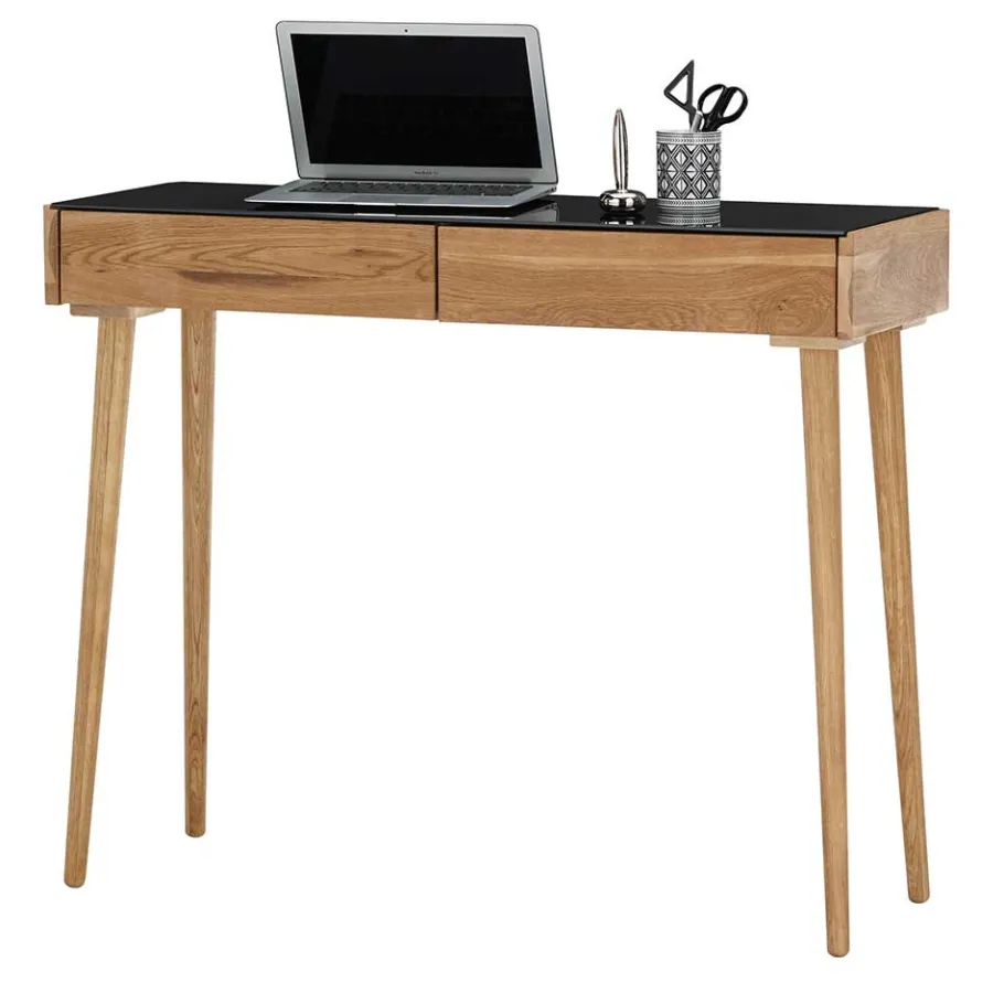 Discount Wohnen Scandi Schreibtisch mit Schwarzglas Platte - Floyda
