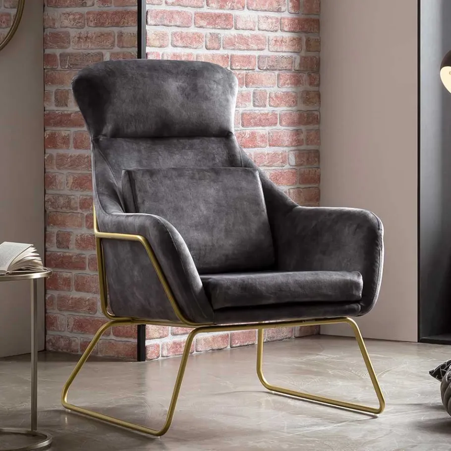 Best Wohnen Sessel in Grau Samtvelours & Messing Metall - Henrics