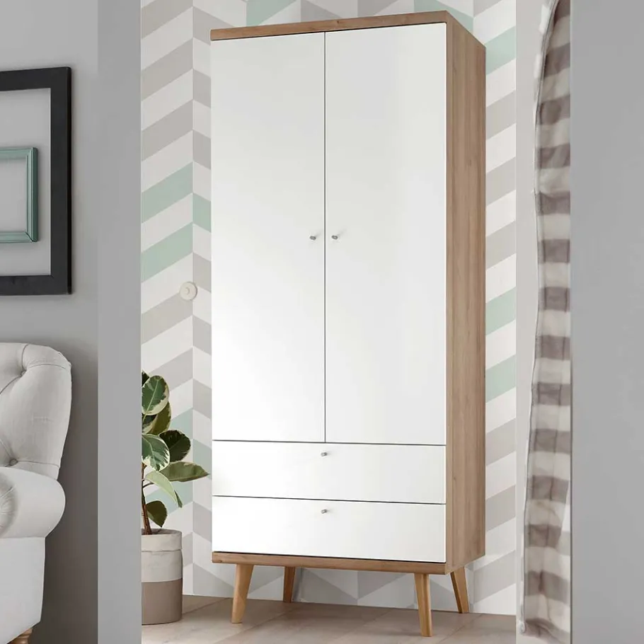 Wohnen Skandi Kleiderschrank in Weiß & Eiche - Cablos