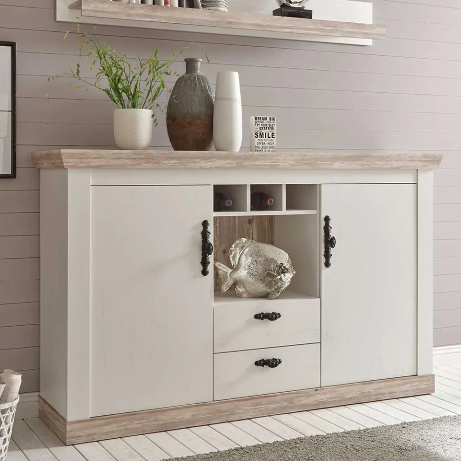 New Wohnen Stauraum Sideboard im Scandi Landhaus Stil Nedita in Weiß