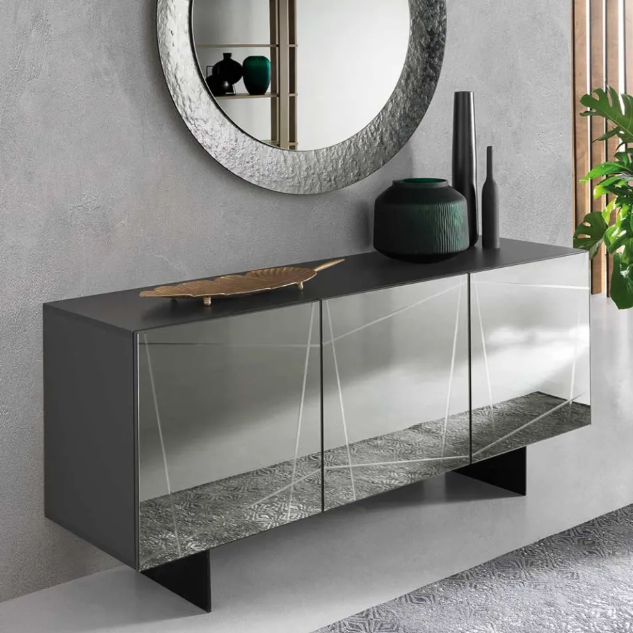 Best Wohnen Stylisches Sideboard mit Spiegel Front in Rauchgrau - Odangelo