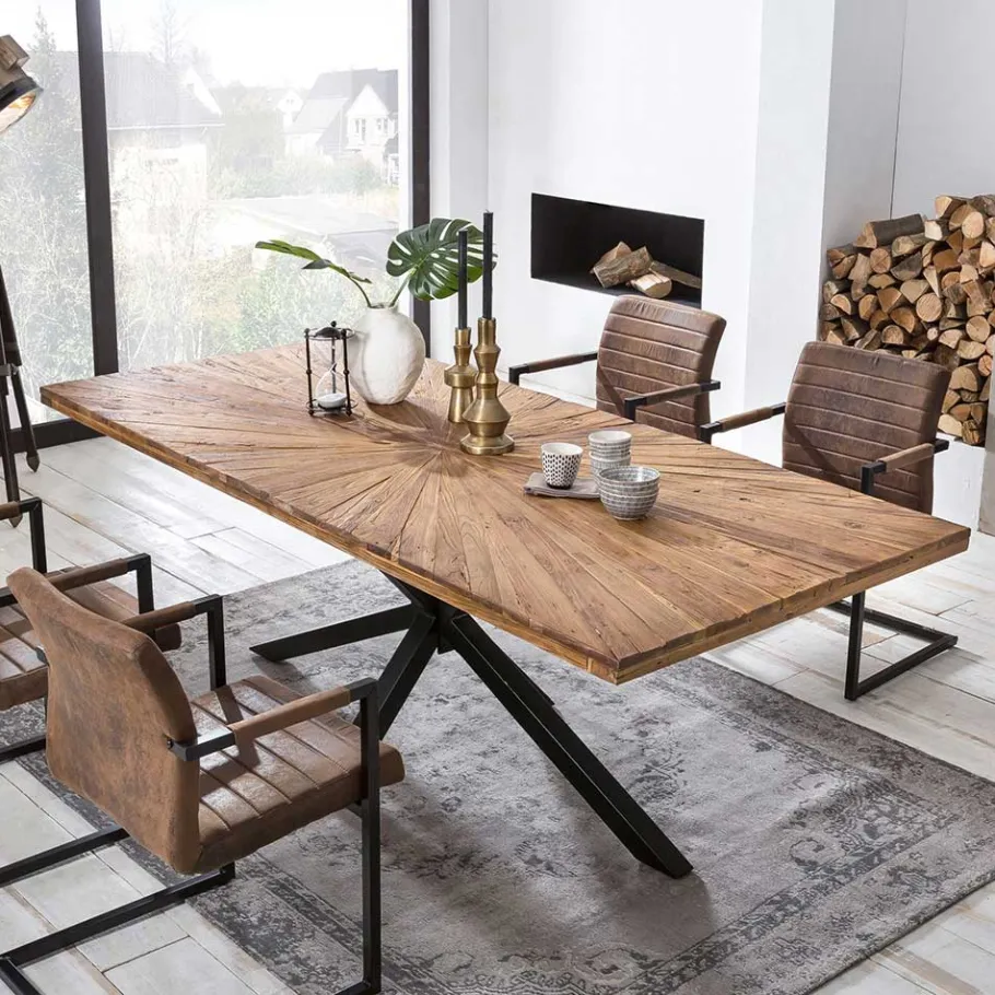 Discount Wohnen Teakholz Esszimmertisch mit Spider Gestell - Saconso