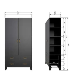 Outlet Wohnen Teilmassiver 94x180x40 Kiefernholz Kleiderschrank in Schwarz - Ilvessino