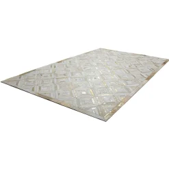 Outlet Wohnen Teppich aus Leder mit kurzem Fell in Creme & Gold - Meridus
