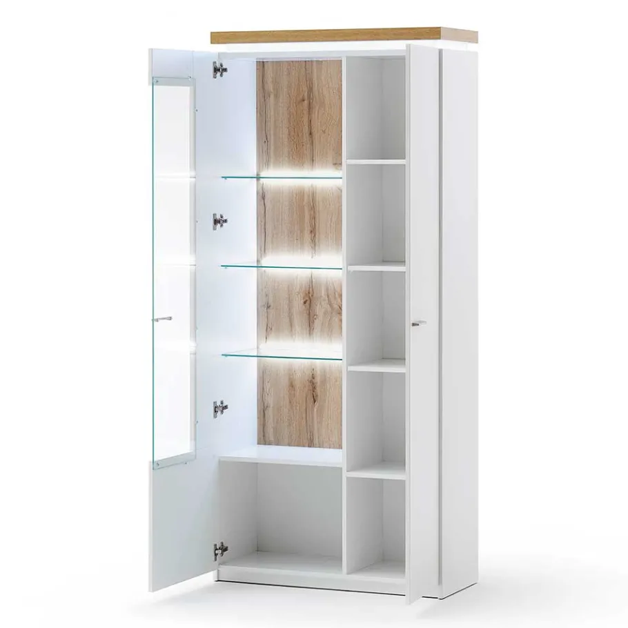 Outlet Wohnen 2-türiger Wohnzimmer Schrank mit Glaseinsatz & LED - Caldri