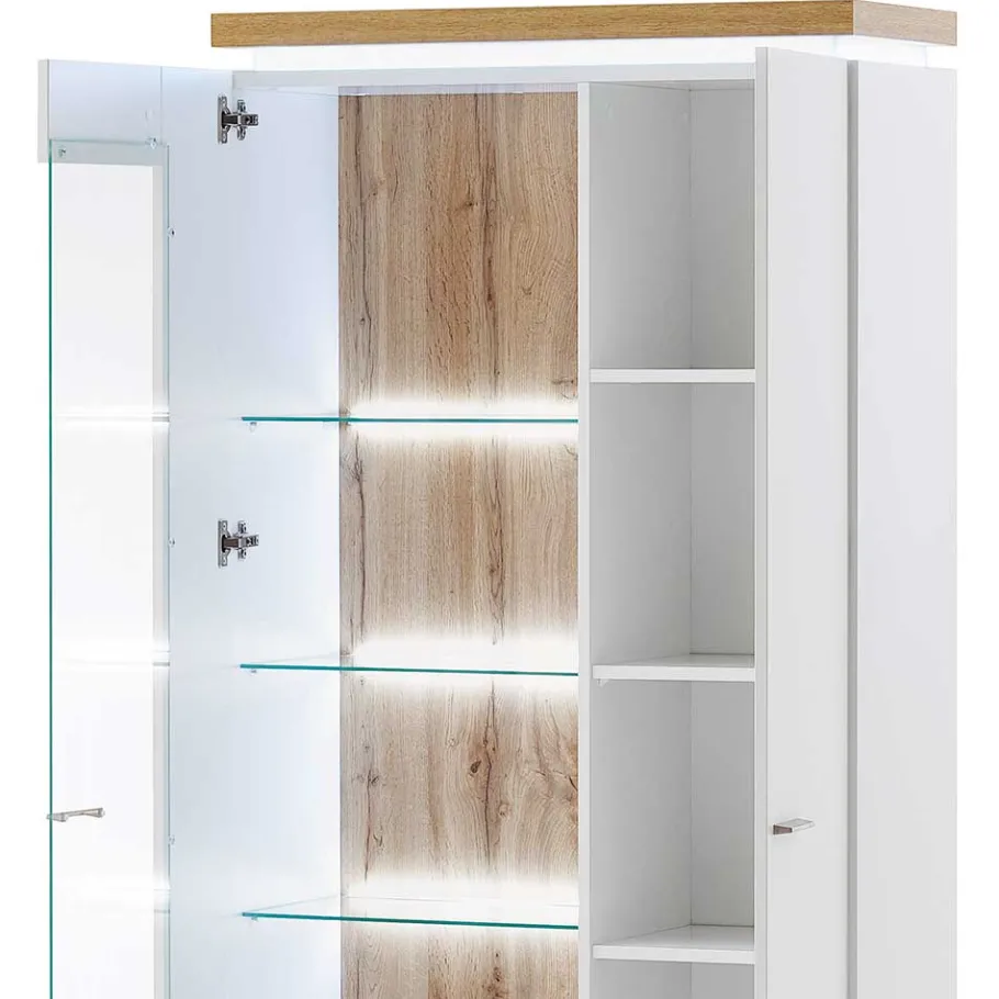 Outlet Wohnen 2-türiger Wohnzimmer Schrank mit Glaseinsatz & LED - Caldri