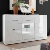 Discount Wohnen 3-türiges Sideboard in Hochglanz Weiß & Glas Yulis mit 2 Schubladen